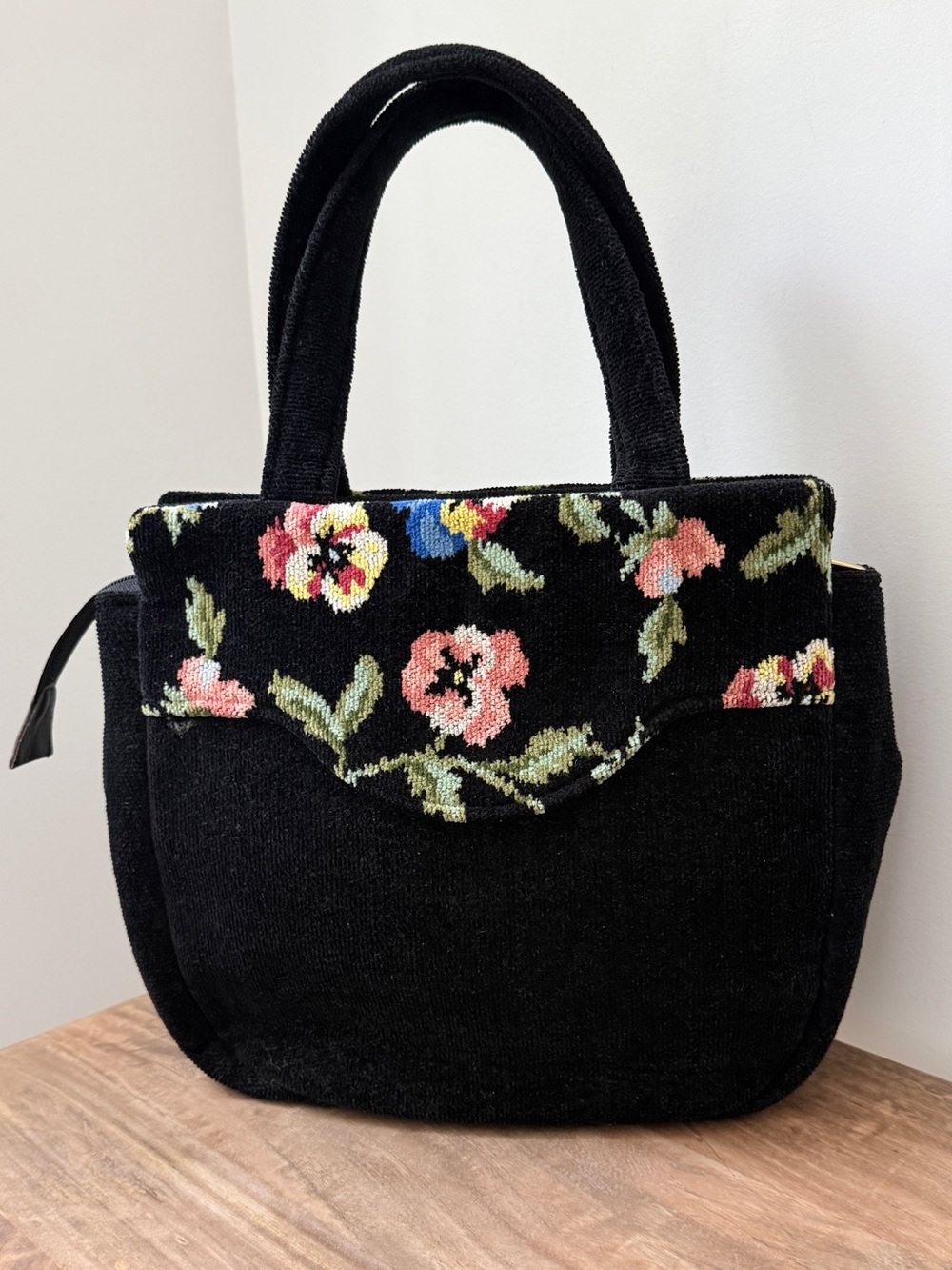 Vintage FEILER Germany Floral Chenille Tapestry Needlepoint Tote Bag Handbag
